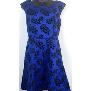 Le Chateau Cobalt Blue Dress with Black Velvet flowers A Line size M